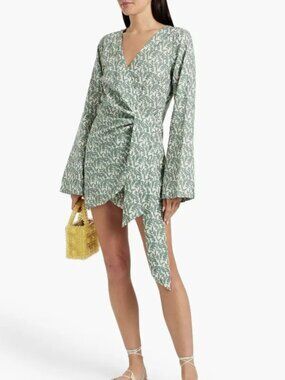 New! Onia Sage Green Air Linen Wrap Mini Dress Size Medium NWT 38367